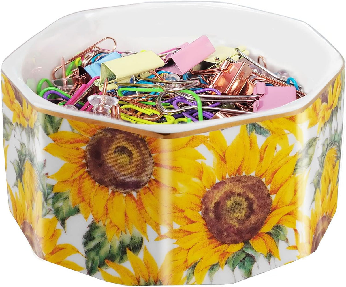 Ceramic Paper Clip Holder Gold Line Paper Clip Dispenser Organizer for Desk Cute Floral Pattern Office Binder Clip Holder Bobby Pin and Hair Clip Holder Gift for Office Mint Flowers