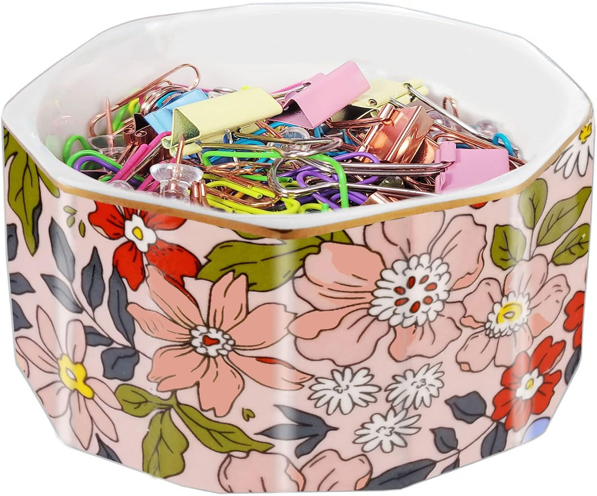 Ceramic Paper Clip Holder Gold Line Paper Clip Dispenser Organizer for Desk Cute Floral Pattern Office Binder Clip Holder Bobby Pin and Hair Clip Holder Gift for Office Mint Flowers