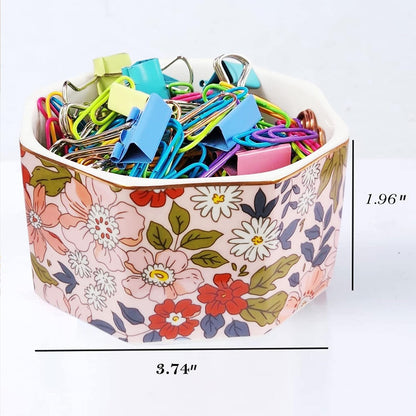 Ceramic Paper Clip Holder Gold Line Paper Clip Dispenser Organizer for Desk Cute Floral Pattern Office Binder Clip Holder Bobby Pin and Hair Clip Holder Gift for Office Mint Flowers