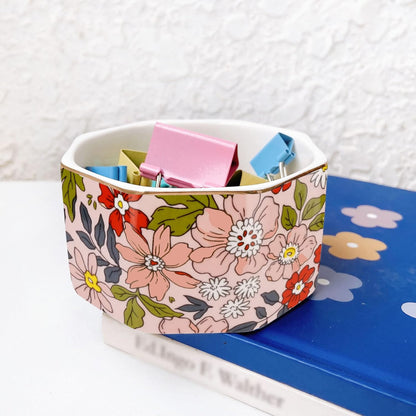 Ceramic Paper Clip Holder Gold Line Paper Clip Dispenser Organizer for Desk Cute Floral Pattern Office Binder Clip Holder Bobby Pin and Hair Clip Holder Gift for Office Mint Flowers