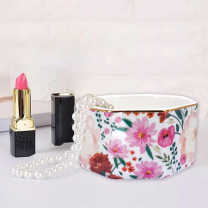 Ceramic Paper Clip Holder Gold Line Paper Clip Dispenser Organizer for Desk Cute Floral Pattern Office Binder Clip Holder Bobby Pin and Hair Clip Holder Gift for Office Mint Flowers