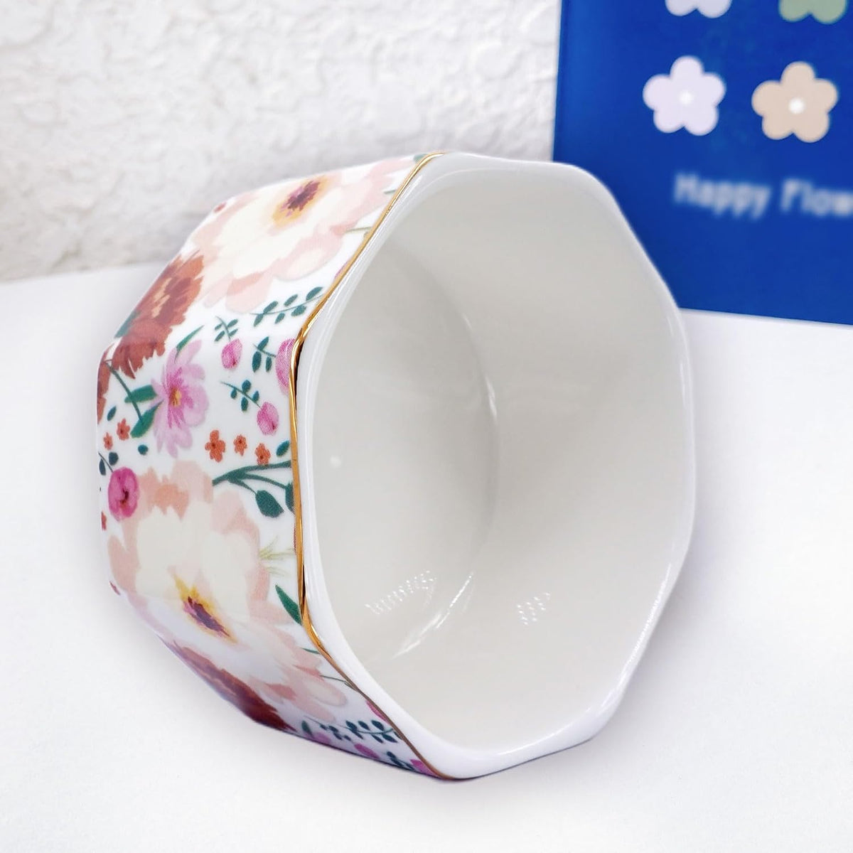 Ceramic Paper Clip Holder Gold Line Paper Clip Dispenser Organizer for Desk Cute Floral Pattern Office Binder Clip Holder Bobby Pin and Hair Clip Holder Gift for Office Mint Flowers