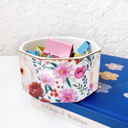 Ceramic Paper Clip Holder Gold Line Paper Clip Dispenser Organizer for Desk Cute Floral Pattern Office Binder Clip Holder Bobby Pin and Hair Clip Holder Gift for Office Mint Flowers