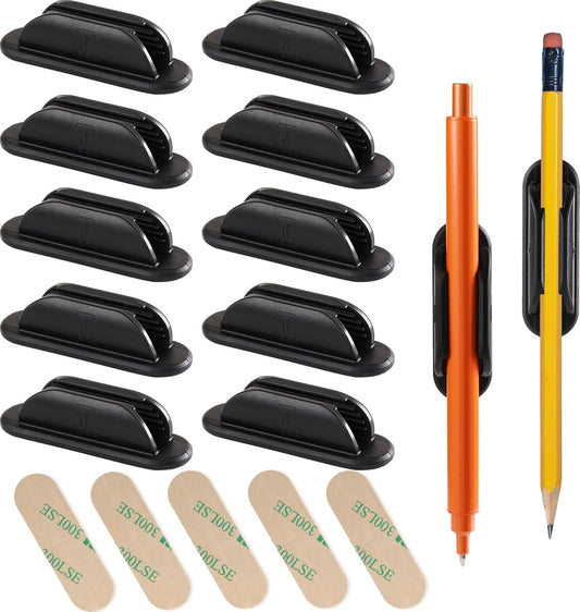 10 Pack Adhesive Pencil Holder for Desk, Silicone Pen Holder for Wall, Clipboard & Laptop with 15 Upgraded Sticky Pads, Rugged Grip Pencil Holders for Classroom Teacher Essentials (Black)