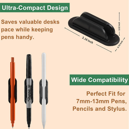 10 Pack Adhesive Pencil Holder for Desk, Silicone Pen Holder for Wall, Clipboard & Laptop with 15 Upgraded Sticky Pads, Rugged Grip Pencil Holders for Classroom Teacher Essentials (Black)