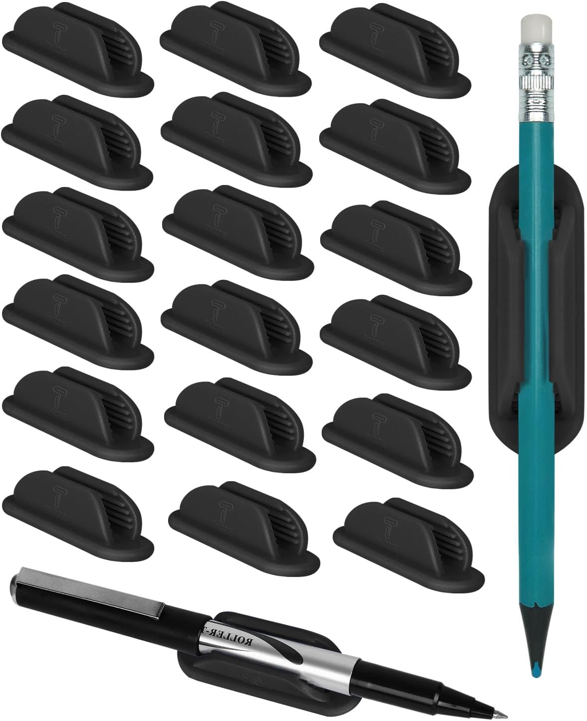 10 Pack Adhesive Pencil Holder for Desk, Silicone Pen Holder for Wall, Clipboard & Laptop with 15 Upgraded Sticky Pads, Rugged Grip Pencil Holders for Classroom Teacher Essentials (Black)