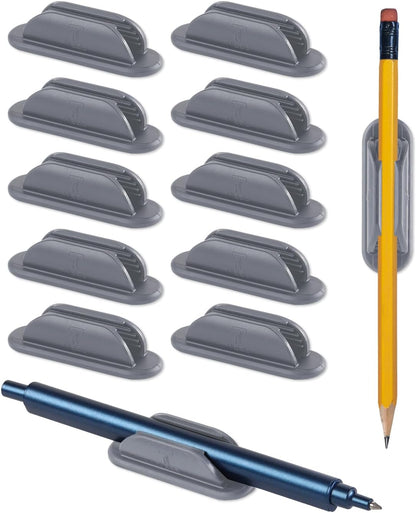10 Pack Adhesive Pencil Holder for Desk, Silicone Pen Holder for Wall, Clipboard & Laptop with 15 Upgraded Sticky Pads, Rugged Grip Pencil Holders for Classroom Teacher Essentials (Black)