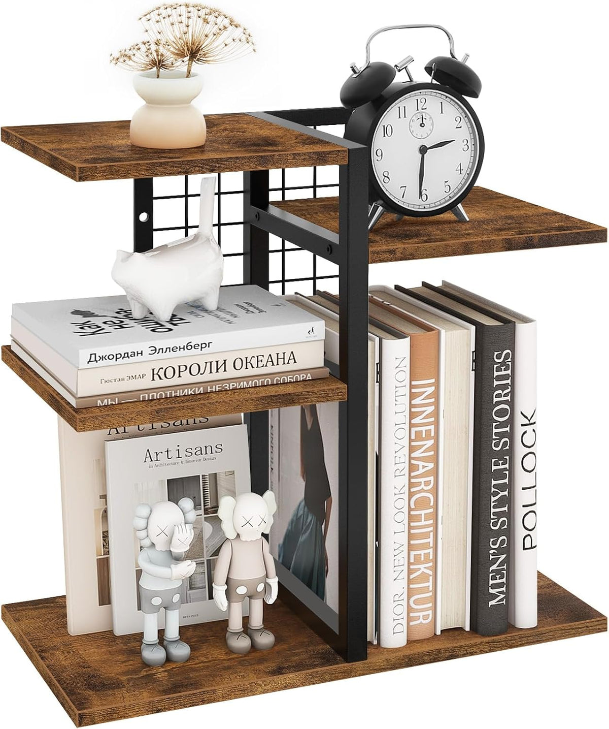 Desktop Shelf Organizer, 4-Tier Wooden Desk Bookshelf, Small Tabletop Book Shelf, Adjustable Display Rack for Home, Office, Dorm, Rustic Brown
