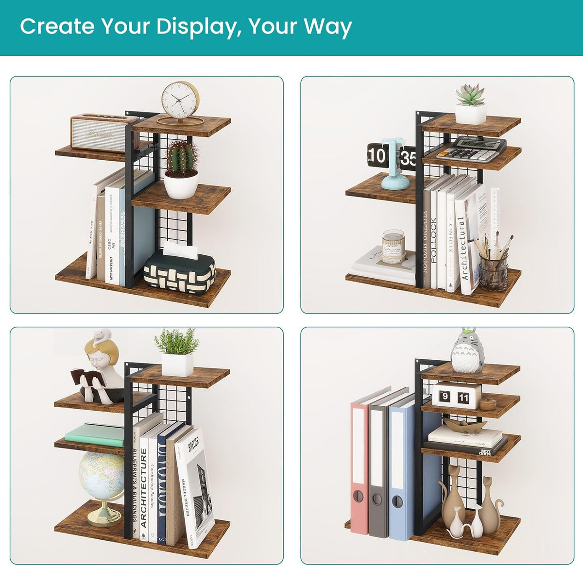 Desktop Shelf Organizer, 4-Tier Wooden Desk Bookshelf, Small Tabletop Book Shelf, Adjustable Display Rack for Home, Office, Dorm, Rustic Brown