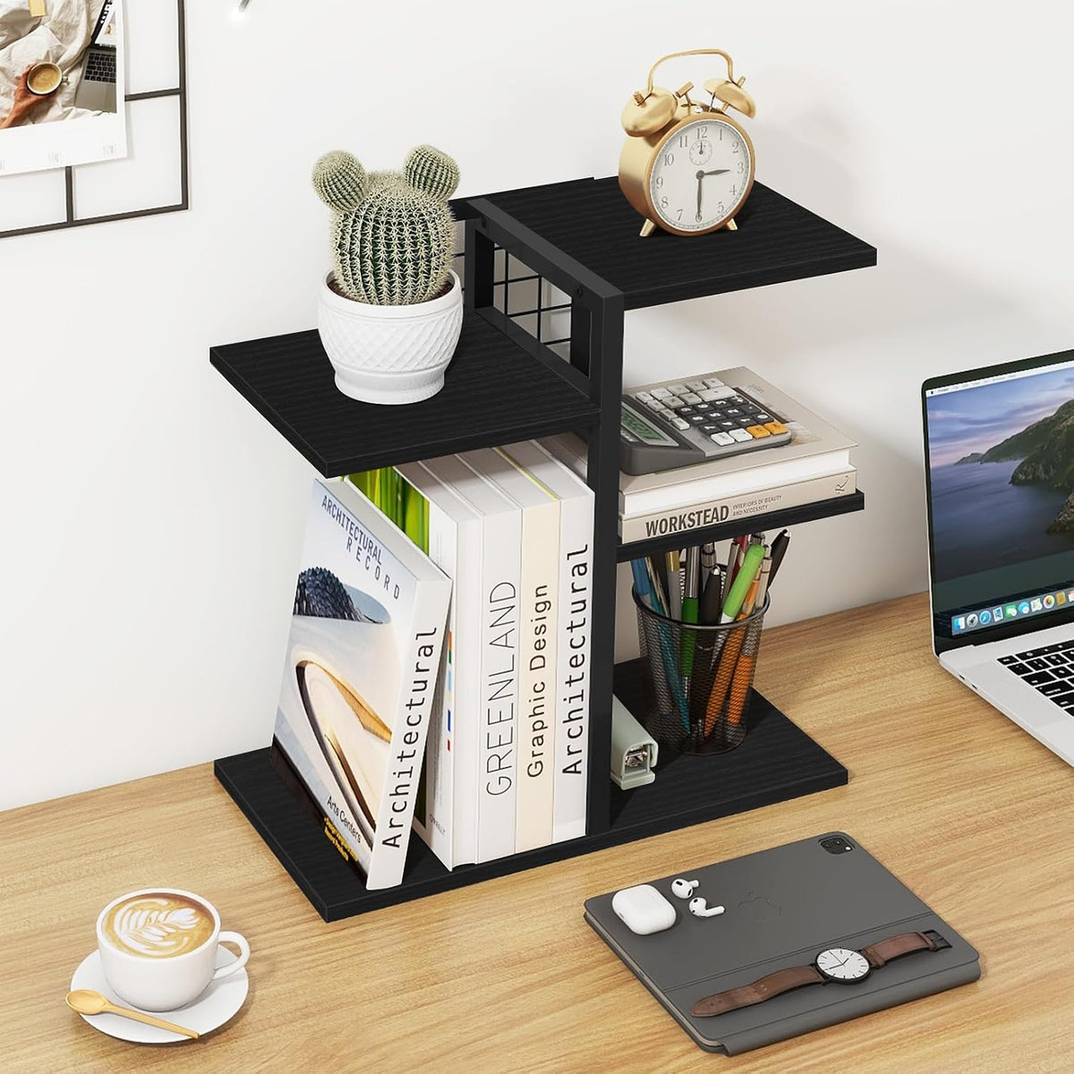 Desktop Shelf Organizer, 4-Tier Wooden Desk Bookshelf, Small Tabletop Book Shelf, Adjustable Display Rack for Home, Office, Dorm, Rustic Brown