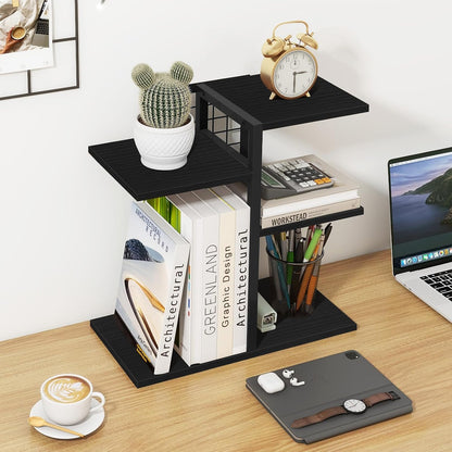 Desktop Shelf Organizer, 4-Tier Wooden Desk Bookshelf, Small Tabletop Book Shelf, Adjustable Display Rack for Home, Office, Dorm, Rustic Brown