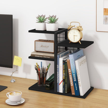 Desktop Shelf Organizer, 4-Tier Wooden Desk Bookshelf, Small Tabletop Book Shelf, Adjustable Display Rack for Home, Office, Dorm, Rustic Brown