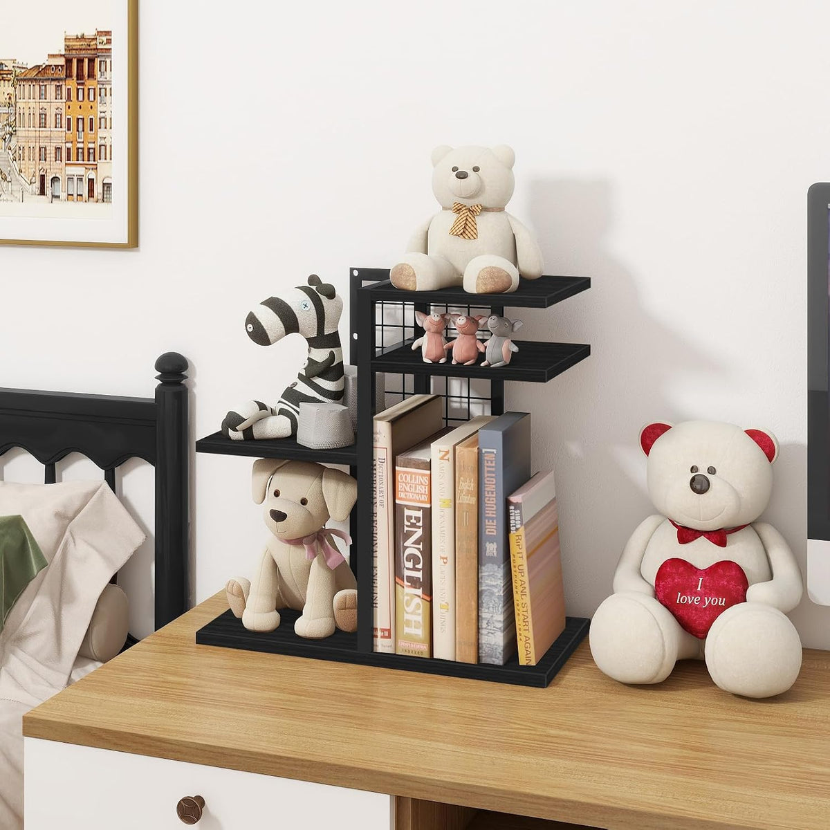 Desktop Shelf Organizer, 4-Tier Wooden Desk Bookshelf, Small Tabletop Book Shelf, Adjustable Display Rack for Home, Office, Dorm, Rustic Brown