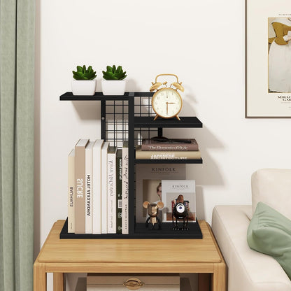Desktop Shelf Organizer, 4-Tier Wooden Desk Bookshelf, Small Tabletop Book Shelf, Adjustable Display Rack for Home, Office, Dorm, Rustic Brown