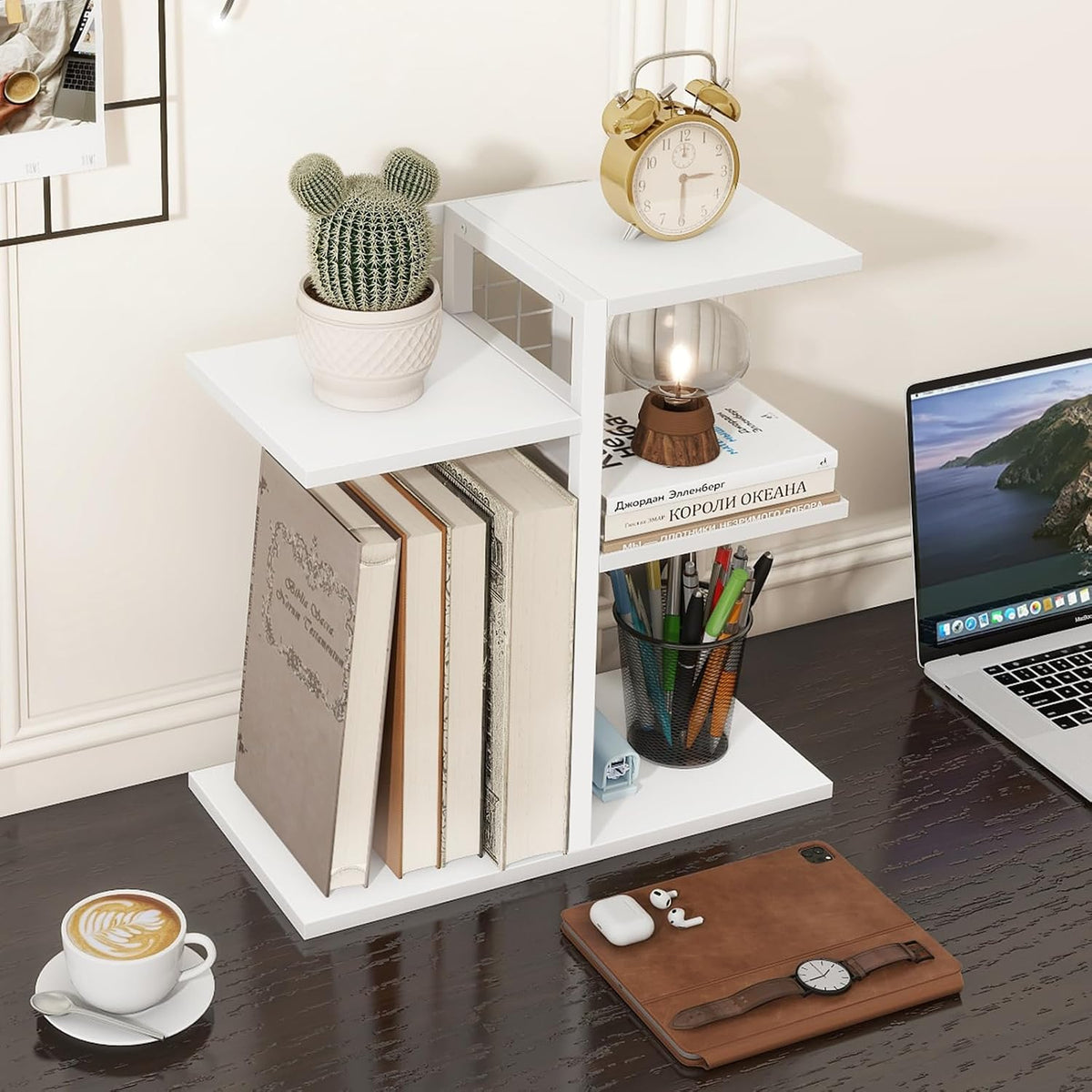 Desktop Shelf Organizer, 4-Tier Wooden Desk Bookshelf, Small Tabletop Book Shelf, Adjustable Display Rack for Home, Office, Dorm, Rustic Brown