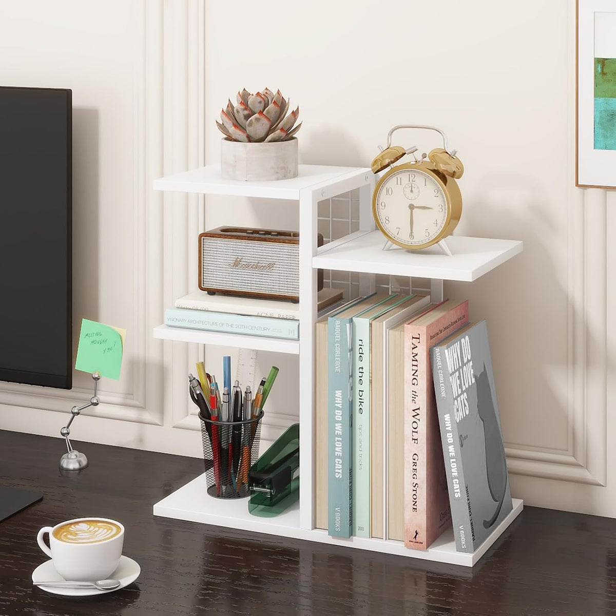 Desktop Shelf Organizer, 4-Tier Wooden Desk Bookshelf, Small Tabletop Book Shelf, Adjustable Display Rack for Home, Office, Dorm, Rustic Brown