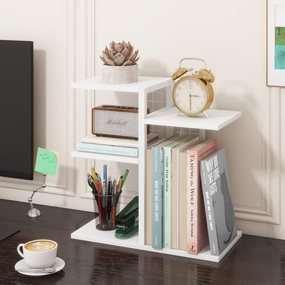 Desktop Shelf Organizer, 4-Tier Wooden Desk Bookshelf, Small Tabletop Book Shelf, Adjustable Display Rack for Home, Office, Dorm, Rustic Brown