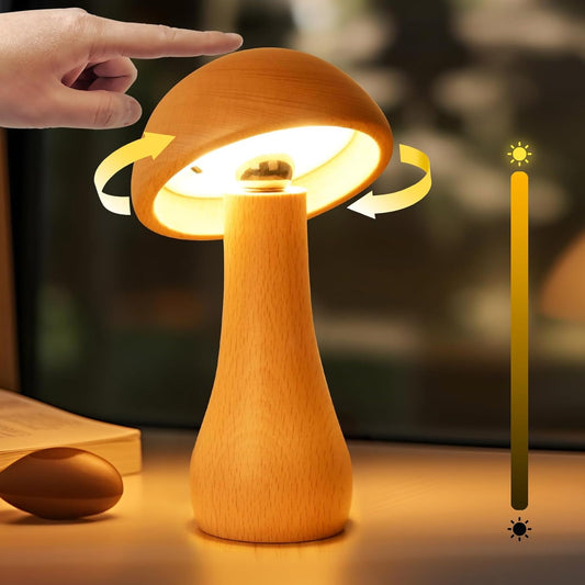 Wooden Small Mushroom Lamp, Touch Switch Cordless Table Lamp for nightstand