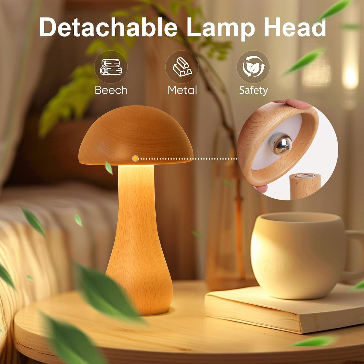 Wooden Small Mushroom Lamp, Touch Switch Cordless Table Lamp for nightstand