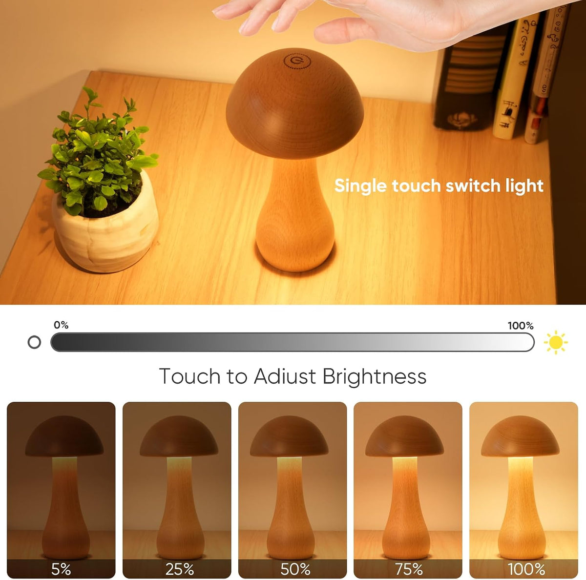 Wooden Small Mushroom Lamp, Touch Switch Cordless Table Lamp for nightstand