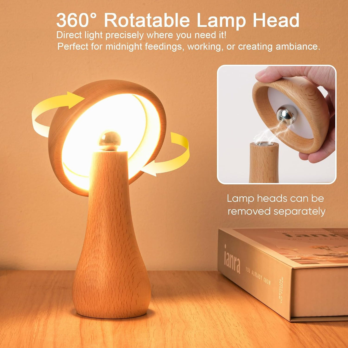 Wooden Small Mushroom Lamp, Touch Switch Cordless Table Lamp for nightstand