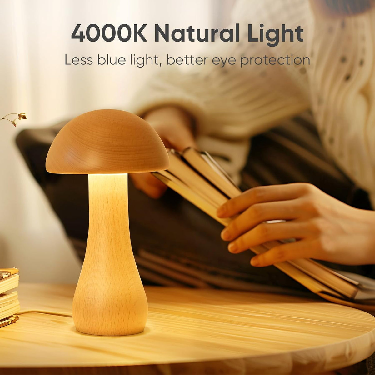 Wooden Small Mushroom Lamp, Touch Switch Cordless Table Lamp for nightstand