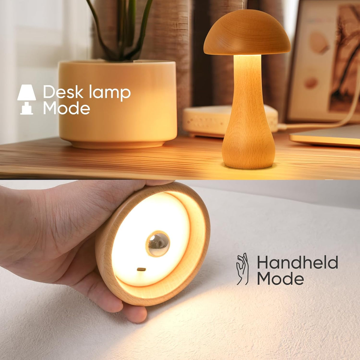 Wooden Small Mushroom Lamp, Touch Switch Cordless Table Lamp for nightstand
