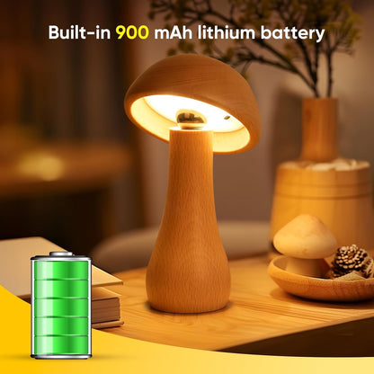 Wooden Small Mushroom Lamp, Touch Switch Cordless Table Lamp for nightstand