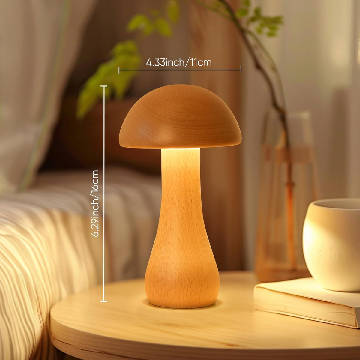 Wooden Small Mushroom Lamp, Touch Switch Cordless Table Lamp for nightstand