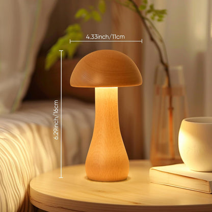 Wooden Small Mushroom Lamp, Touch Switch Cordless Table Lamp for nightstand