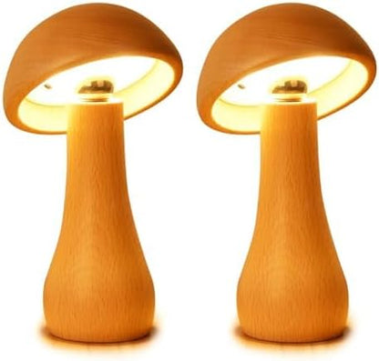 Wooden Small Mushroom Lamp, Touch Switch Cordless Table Lamp for nightstand