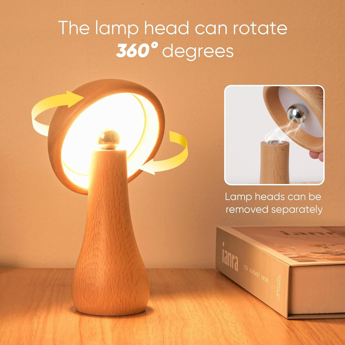 Wooden Small Mushroom Lamp, Touch Switch Cordless Table Lamp for nightstand