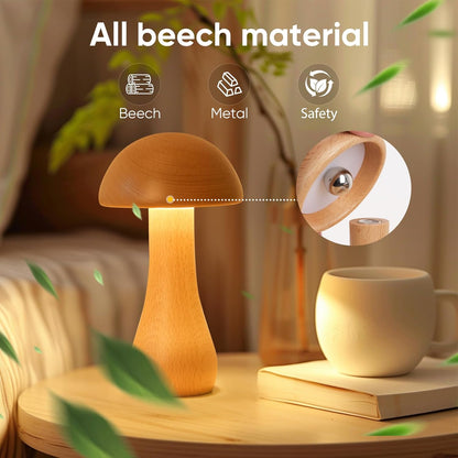 Wooden Small Mushroom Lamp, Touch Switch Cordless Table Lamp for nightstand