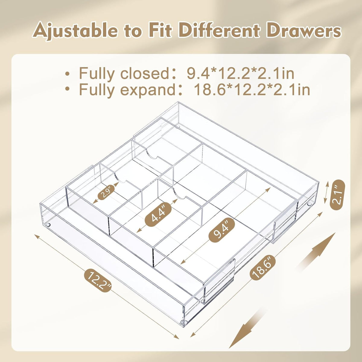 2 Pcs Acrylic Drawer Organizer, 12 x 18 x 2.1'', 8 Compartments
