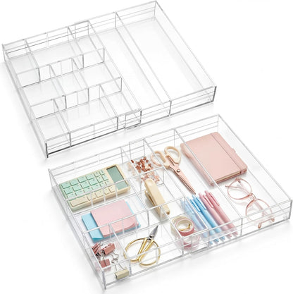 2 Pcs Acrylic Drawer Organizer, 12 x 18 x 2.1'', 8 Compartments