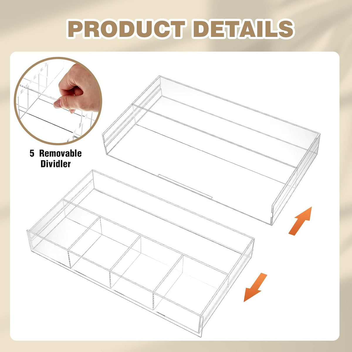 2 Pcs Acrylic Drawer Organizer, 12 x 18 x 2.1'', 8 Compartments