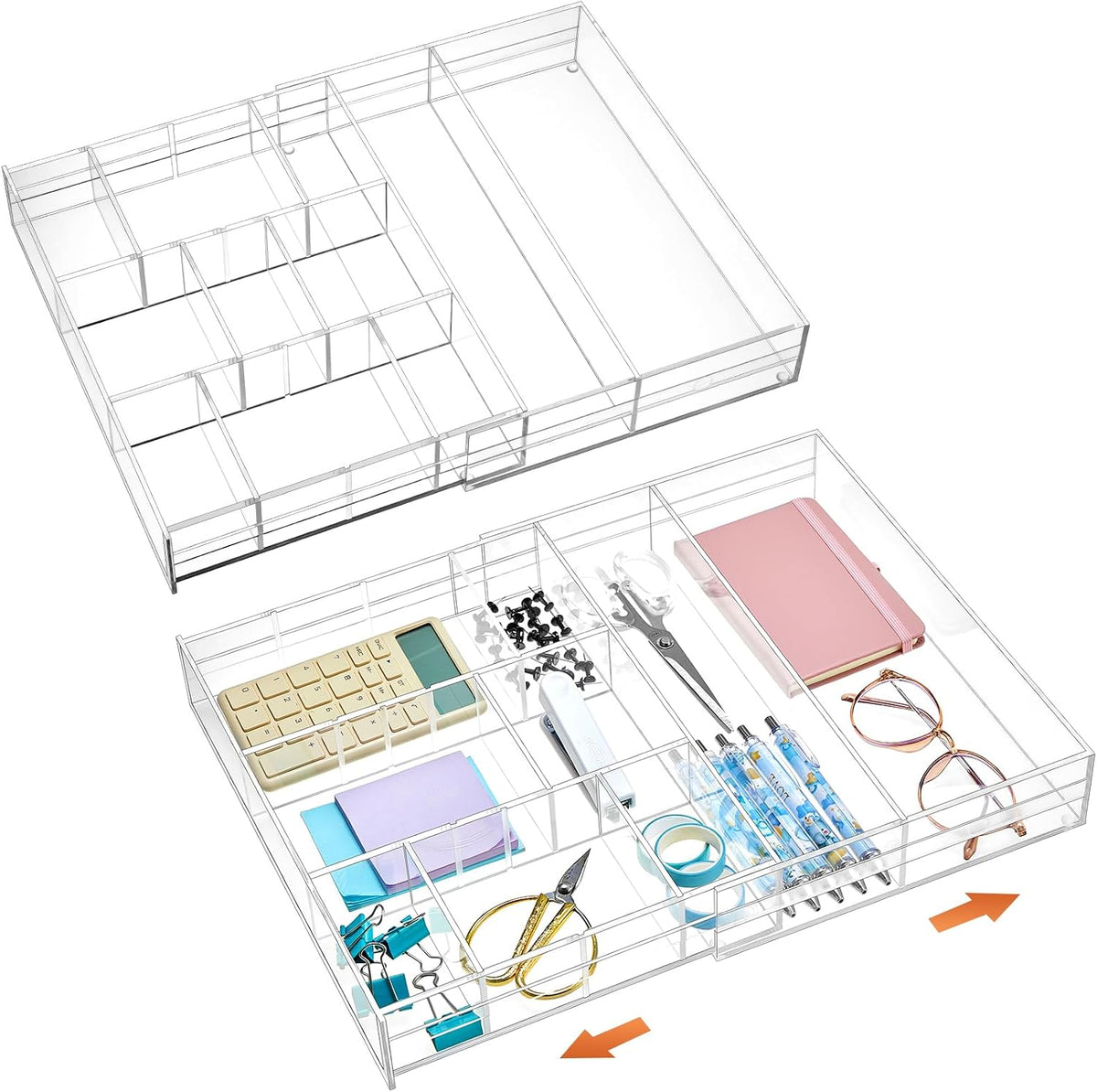 2 Pcs Acrylic Drawer Organizer, 12 x 18 x 2.1'', 8 Compartments