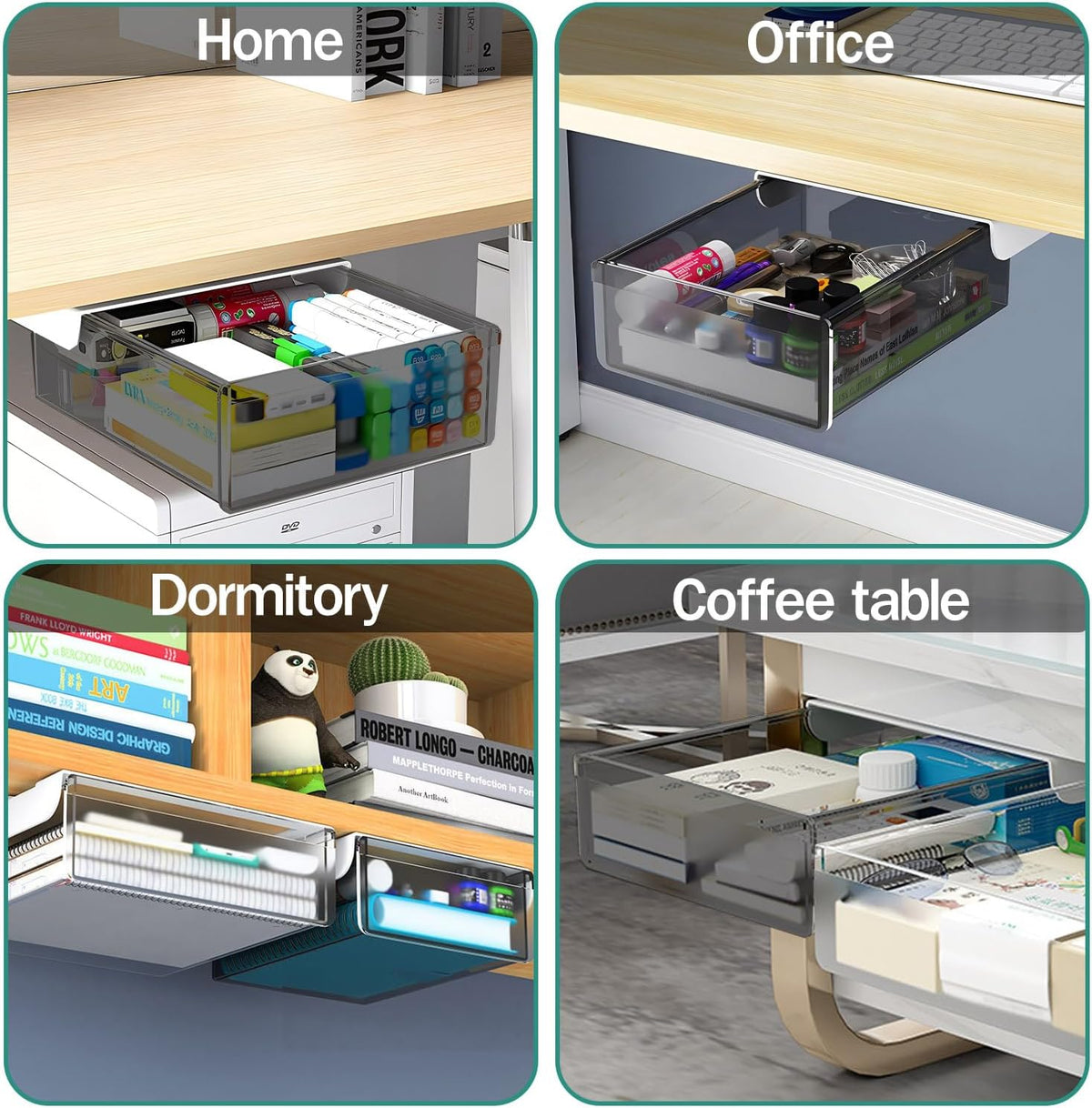 Under Desk Table Drawer Storage Organizer Slide Out, Attachable Hidden Self-Adhesive Under Desk Pencil Tray Drawer for Office/Classroom/Home (Clear Black/M)