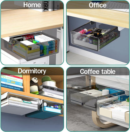 Under Desk Table Drawer Storage Organizer Slide Out, Attachable Hidden Self-Adhesive Under Desk Pencil Tray Drawer for Office/Classroom/Home (Clear Black/M)