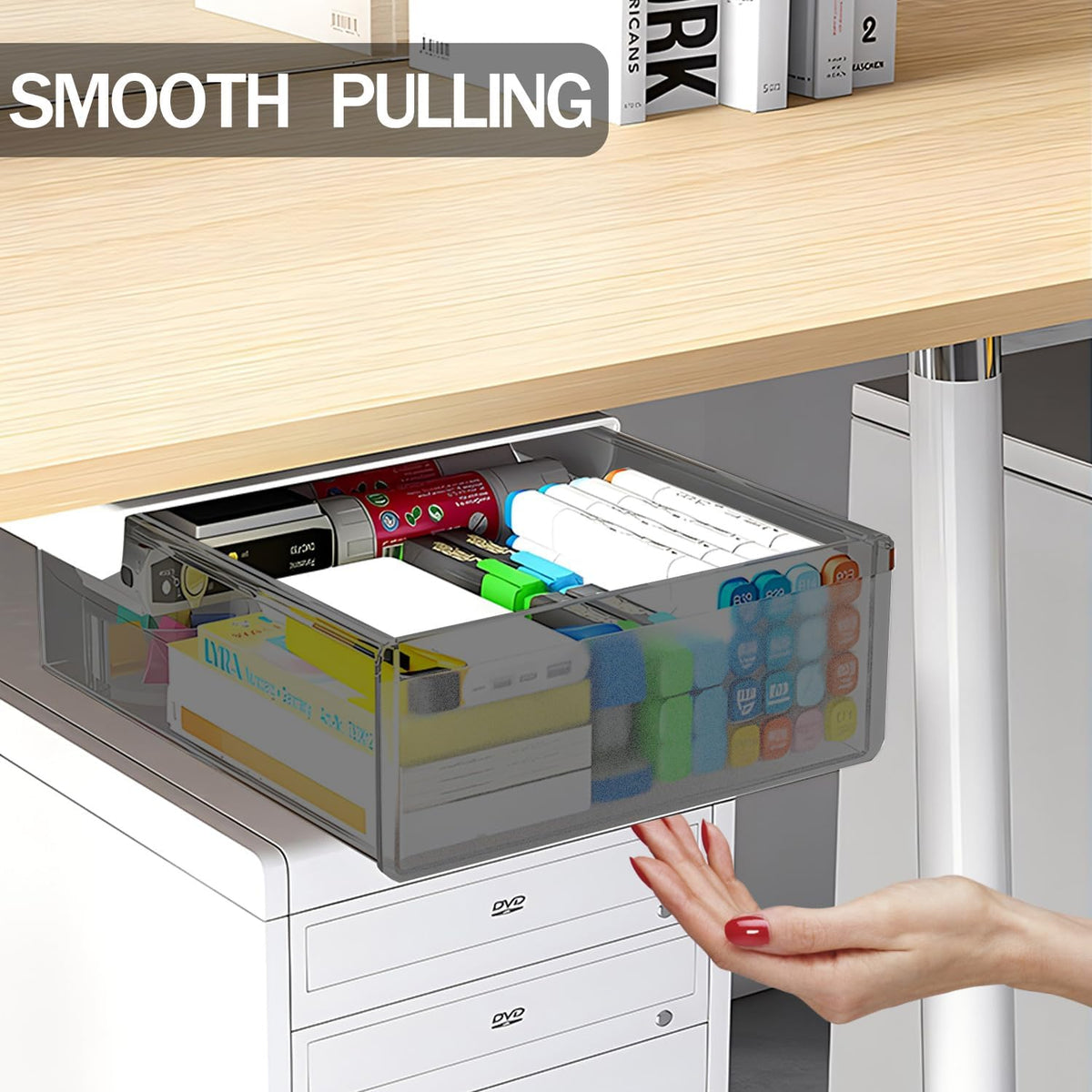 Under Desk Table Drawer Storage Organizer Slide Out, Attachable Hidden Self-Adhesive Under Desk Pencil Tray Drawer for Office/Classroom/Home (Clear Black/M)