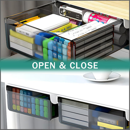 Under Desk Table Drawer Storage Organizer Slide Out, Attachable Hidden Self-Adhesive Under Desk Pencil Tray Drawer for Office/Classroom/Home (Clear Black/M)