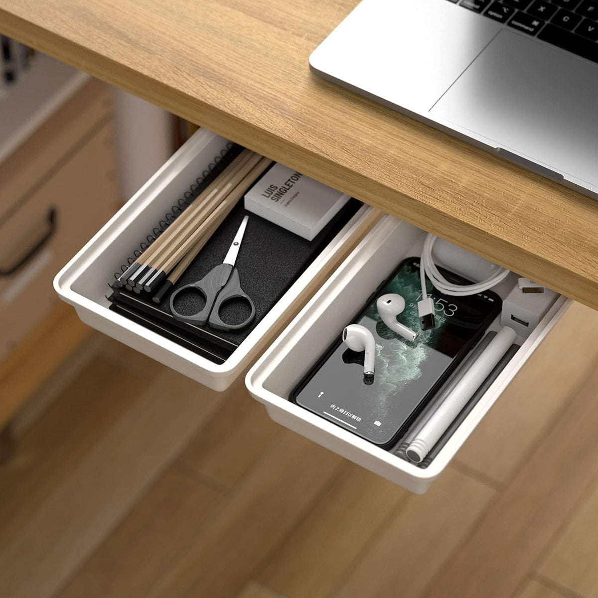 Under Desk Table Drawer Storage Organizer Slide Out, Attachable Hidden Self-Adhesive Under Desk Pencil Tray Drawer for Office/Classroom/Home (Clear Black/M)