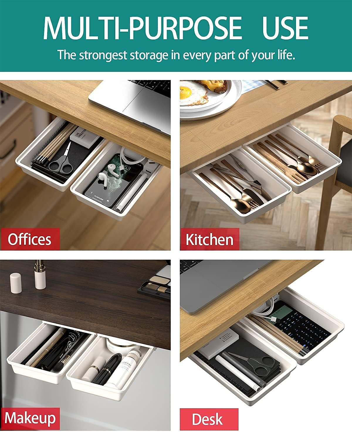 Under Desk Table Drawer Storage Organizer Slide Out, Attachable Hidden Self-Adhesive Under Desk Pencil Tray Drawer for Office/Classroom/Home (Clear Black/M)