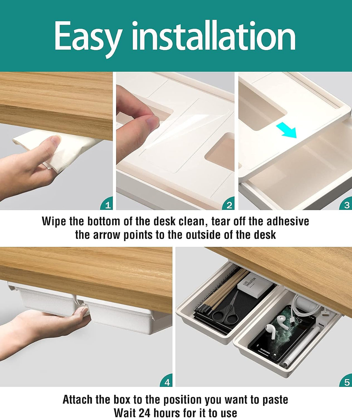Under Desk Table Drawer Storage Organizer Slide Out, Attachable Hidden Self-Adhesive Under Desk Pencil Tray Drawer for Office/Classroom/Home (Clear Black/M)