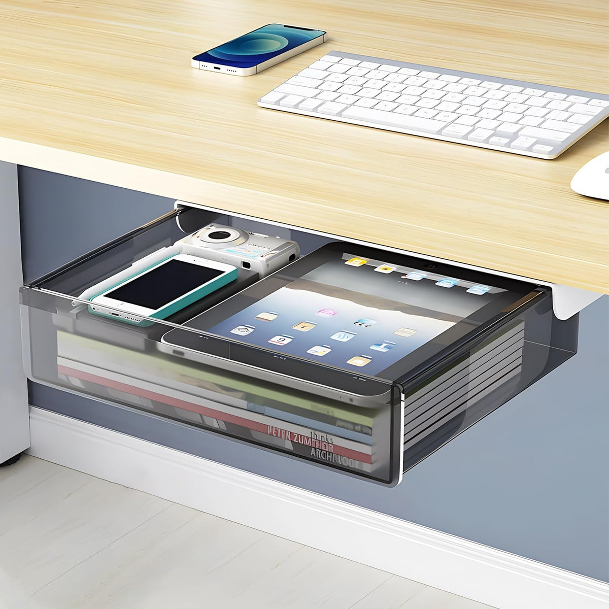 Under Desk Table Drawer Storage Organizer Slide Out, Attachable Hidden Self-Adhesive Under Desk Pencil Tray Drawer for Office/Classroom/Home (Clear Black/M)