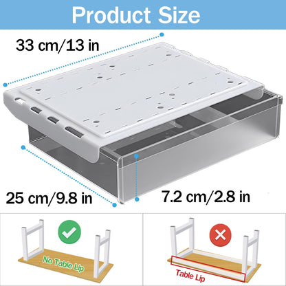 Under Desk Table Drawer Storage Organizer Slide Out, Attachable Hidden Self-Adhesive Under Desk Pencil Tray Drawer for Office/Classroom/Home (Clear Black/M)