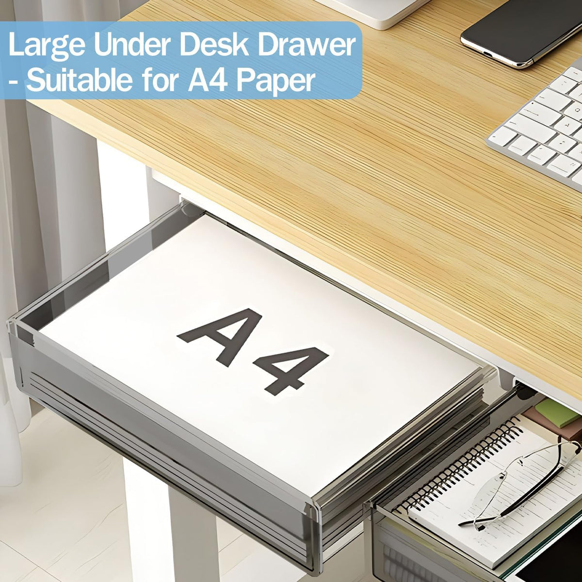 Under Desk Table Drawer Storage Organizer Slide Out, Attachable Hidden Self-Adhesive Under Desk Pencil Tray Drawer for Office/Classroom/Home (Clear Black/M)