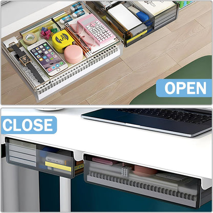 Under Desk Table Drawer Storage Organizer Slide Out, Attachable Hidden Self-Adhesive Under Desk Pencil Tray Drawer for Office/Classroom/Home (Clear Black/M)