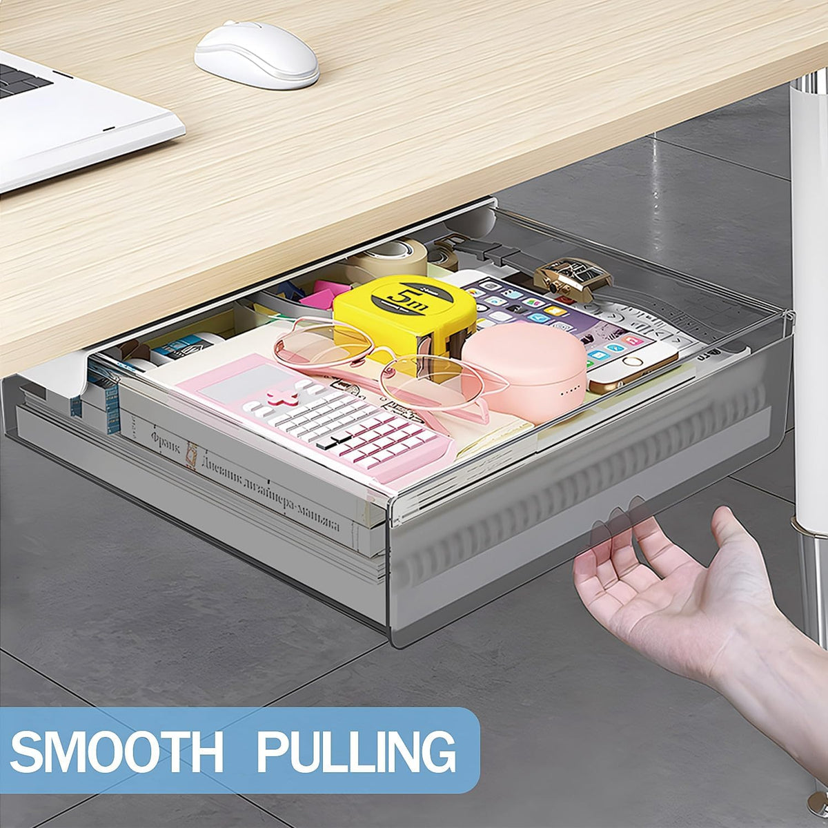 Under Desk Table Drawer Storage Organizer Slide Out, Attachable Hidden Self-Adhesive Under Desk Pencil Tray Drawer for Office/Classroom/Home (Clear Black/M)