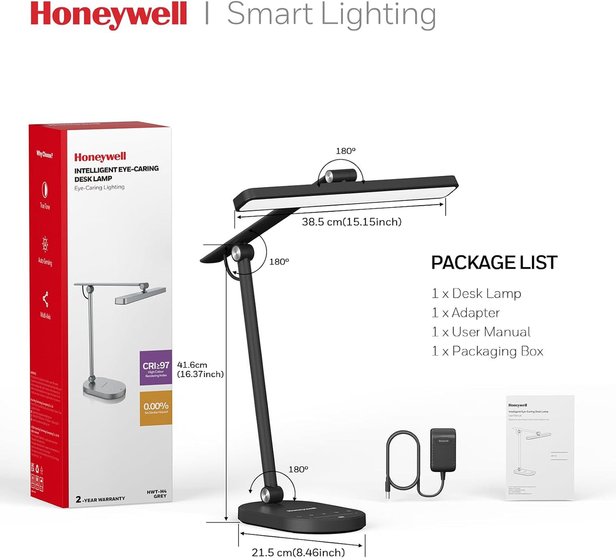 Honeywell HWT-H4 LED Desk Lamp, Eye-Caring, Dimmable, Auto Sensor
